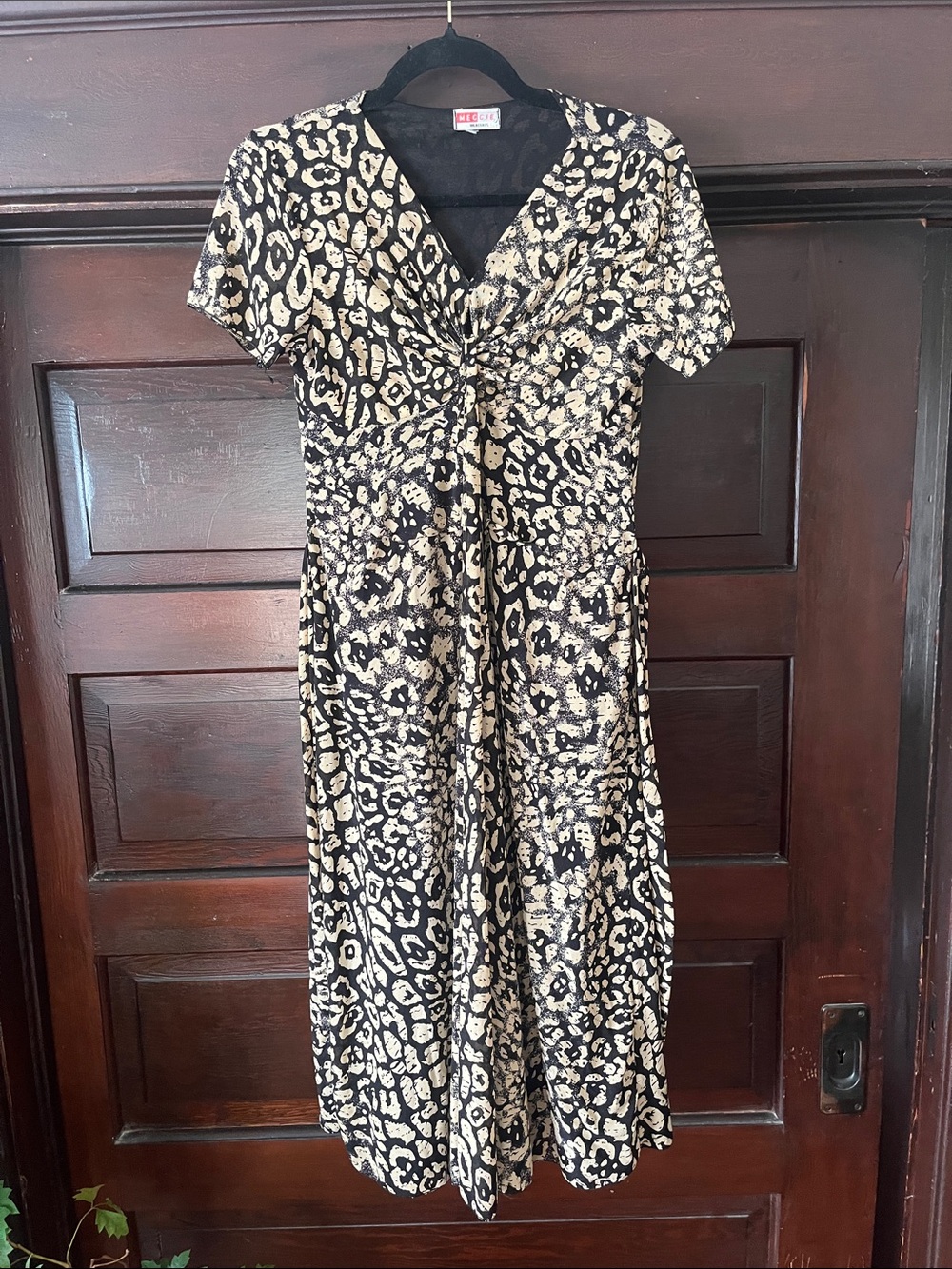 Vintage 90s Maggie High Class Black & Cream Leopard Twist-Front Midi Dress